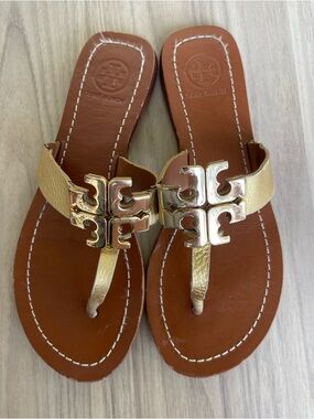 Tory Burch Gold Leather Logo Thong Sandals